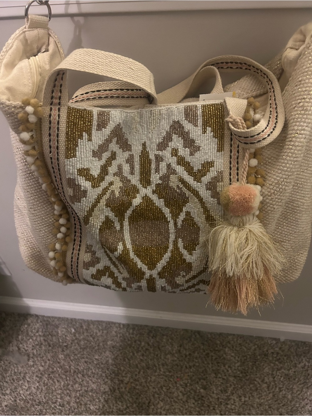 America & Beyond Beaded Ikat Tote Bag Cream Gold Boho Embellished Tassel Purse
